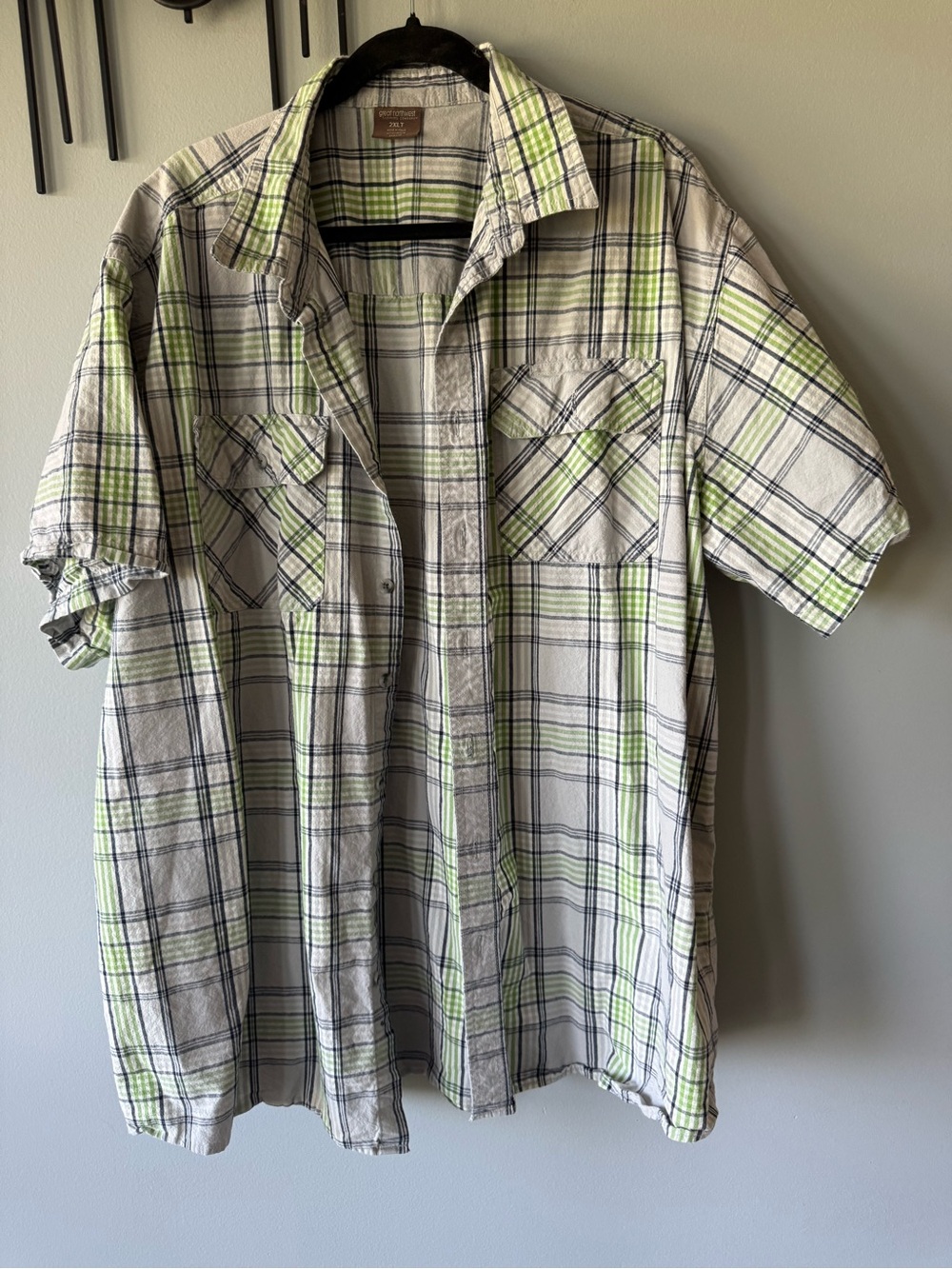 Great Northwest Clothing Company Lime and White Plaid Short-Sleeve Button-Up
